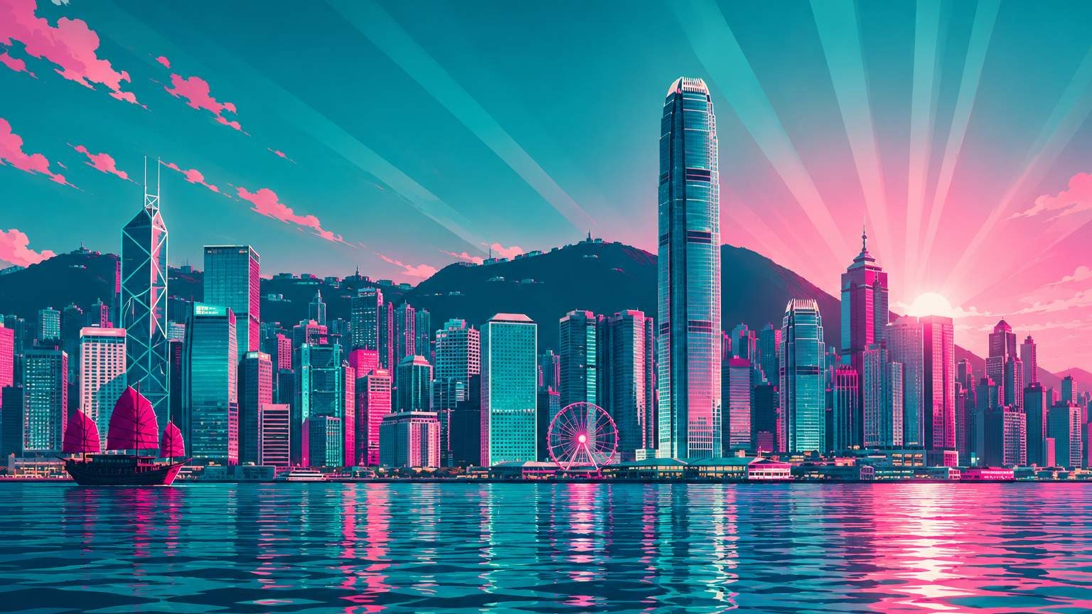 عن QTFX: أفق ميناء فيكتوريا في هونغ كونغ بناطحات سحابه المضيئة، رسم متجهي مسطح
