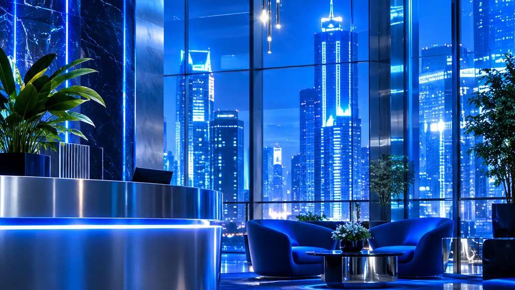 Modern glass office lobby of a fintech company in futuristic digital art