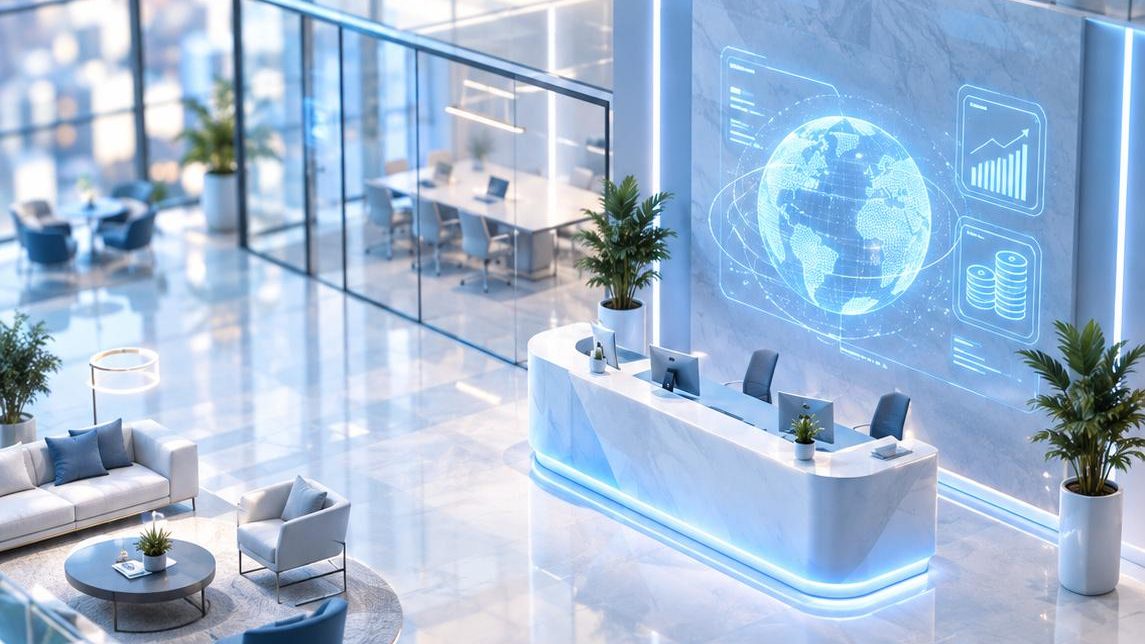 Ilustrasi 3D isometrik lobi kantor kaca modern milik sebuah perusahaan fintech