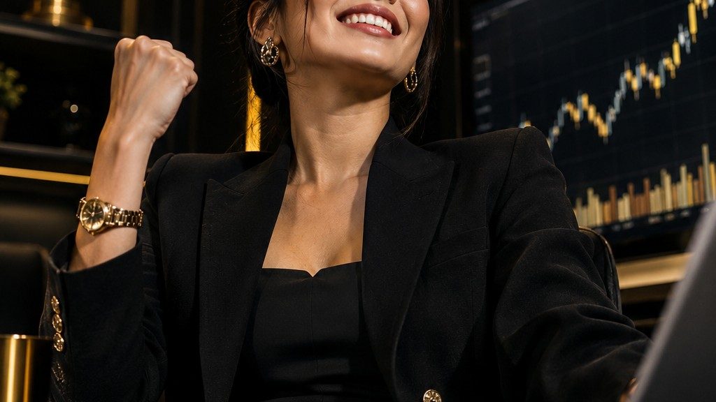 นักธุรกิจหญิงยิ้มดีใจที่โต๊ะทำงานหลังปิดการเทรด ภาพถ่ายแนวบรรณาธิการ