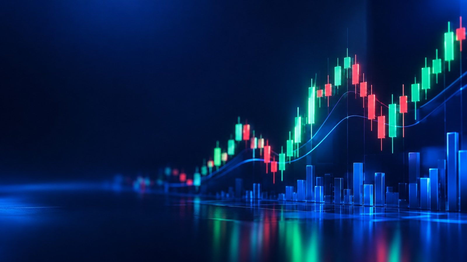 Candlestick patterns in 3D: a large glowing chart of rising and falling candles