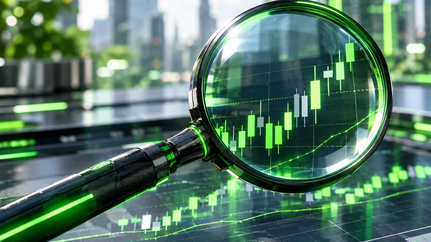 Magnifying glass over a candlestick chart for close pattern reading, futuristic digital art