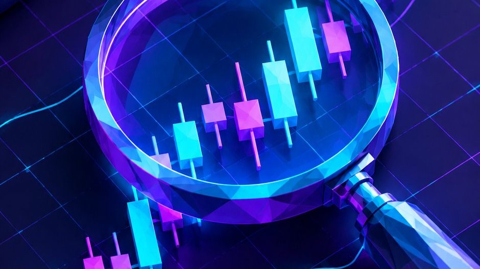 Kaca pembesar di atas grafik candlestick dalam seni 3D low-poly, simbol membaca sinyal harga