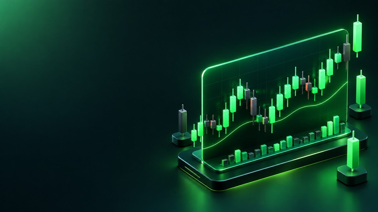 รูปแบบแท่งเทียน: กราฟ forex ขนาดใหญ่เรืองแสง มีแท่งขาขึ้นและขาลงสลับกัน ภาพประกอบไอโซเมตริก