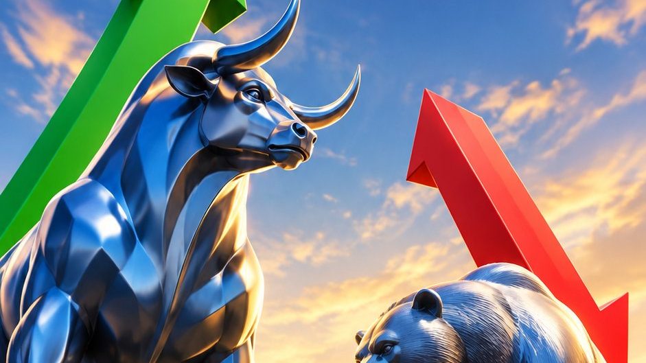 سهمان أخضر وأحمر يمثلان مركزي الشراء والبيع، رسم متجهي مسطح