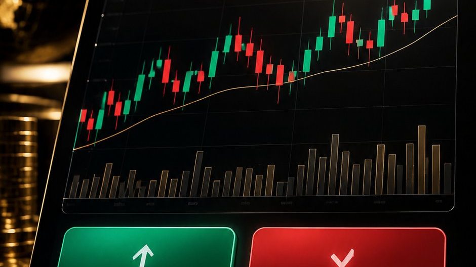 Buy and sell panel with green and red buttons above a candlestick chart