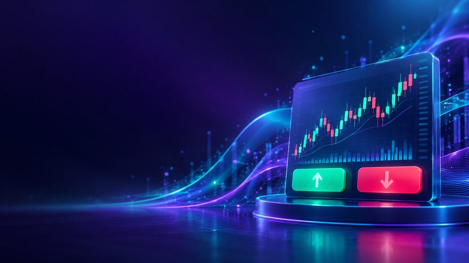 Apa itu CFD: panel beli dan jual dengan tombol hijau, merah, dan grafik candlestick