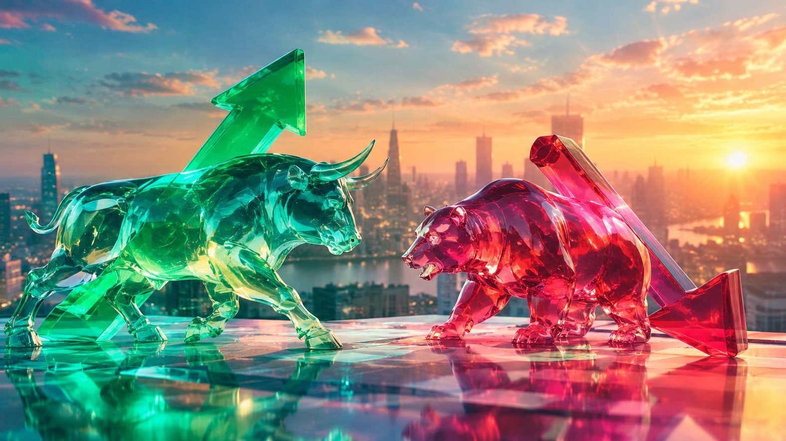 Render 3D kaca panah hijau dan merah sebagai konsep posisi long dan short