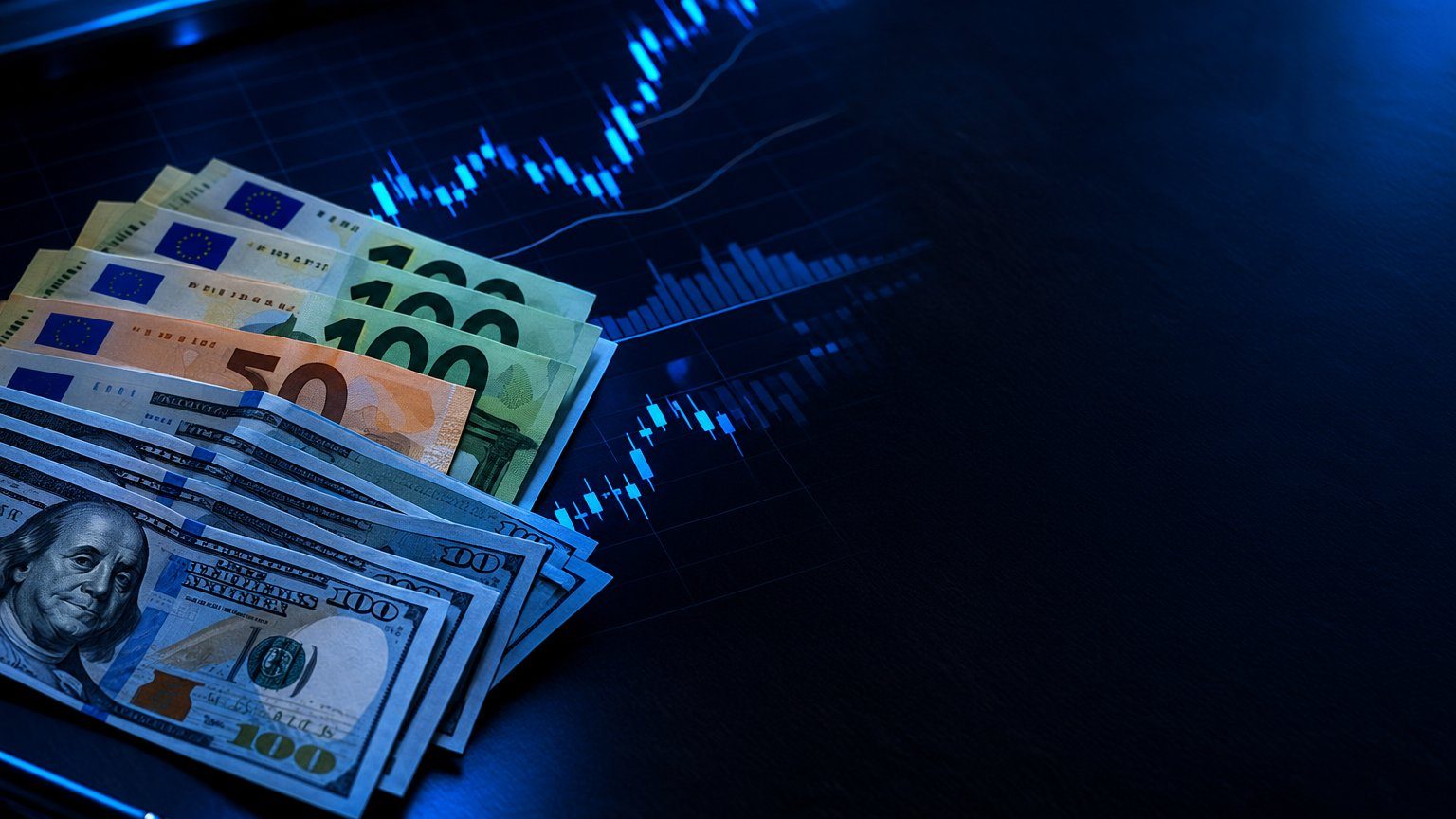 Major currency pairs concept: euro and US dollar banknotes fanned out beside a price chart