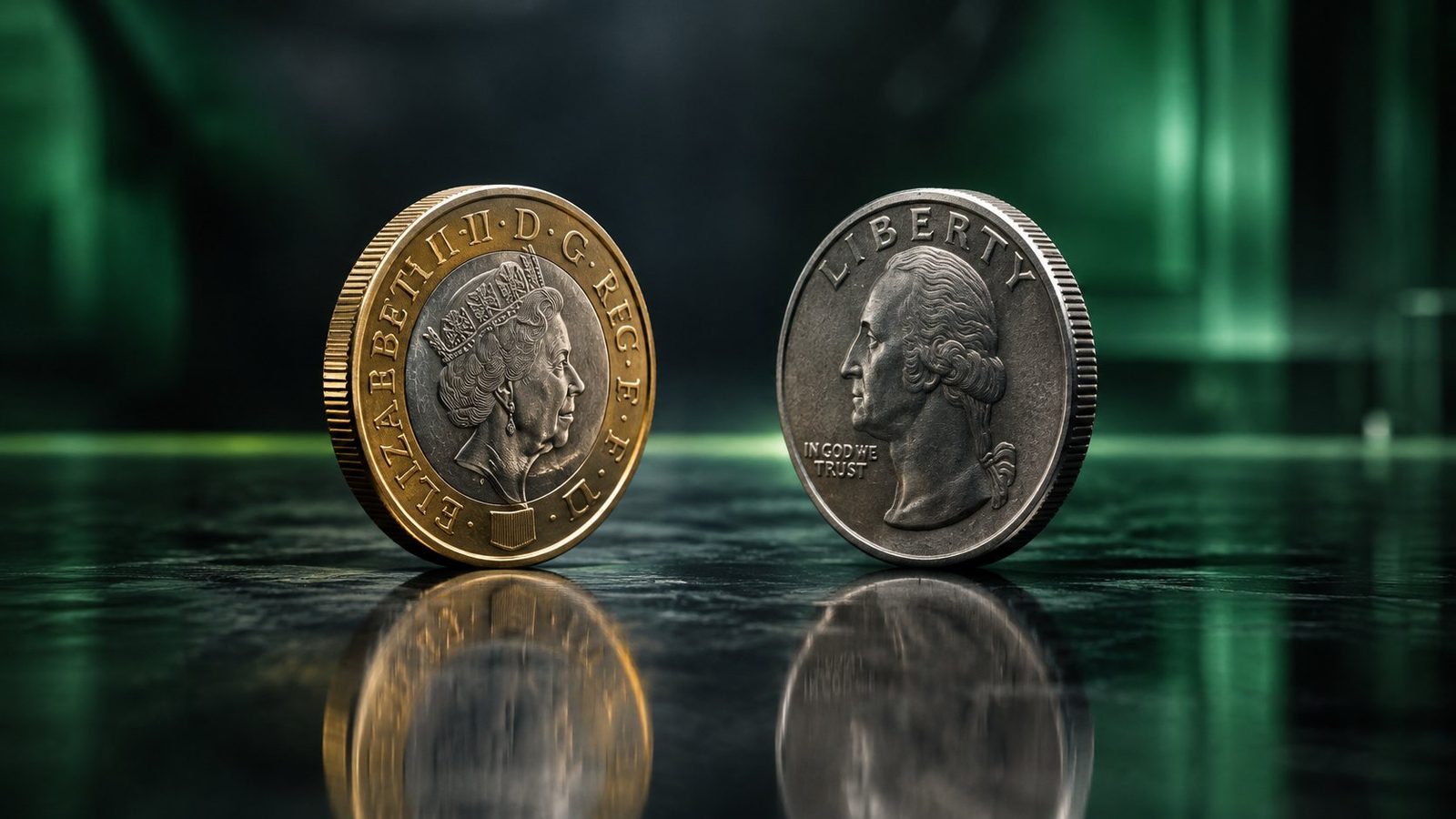 British pound coin and US dollar coin facing each other on a reflective surface