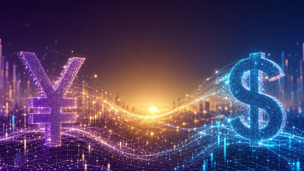 Yen and dollar symbols connected by glowing price lines in a data-art illustration