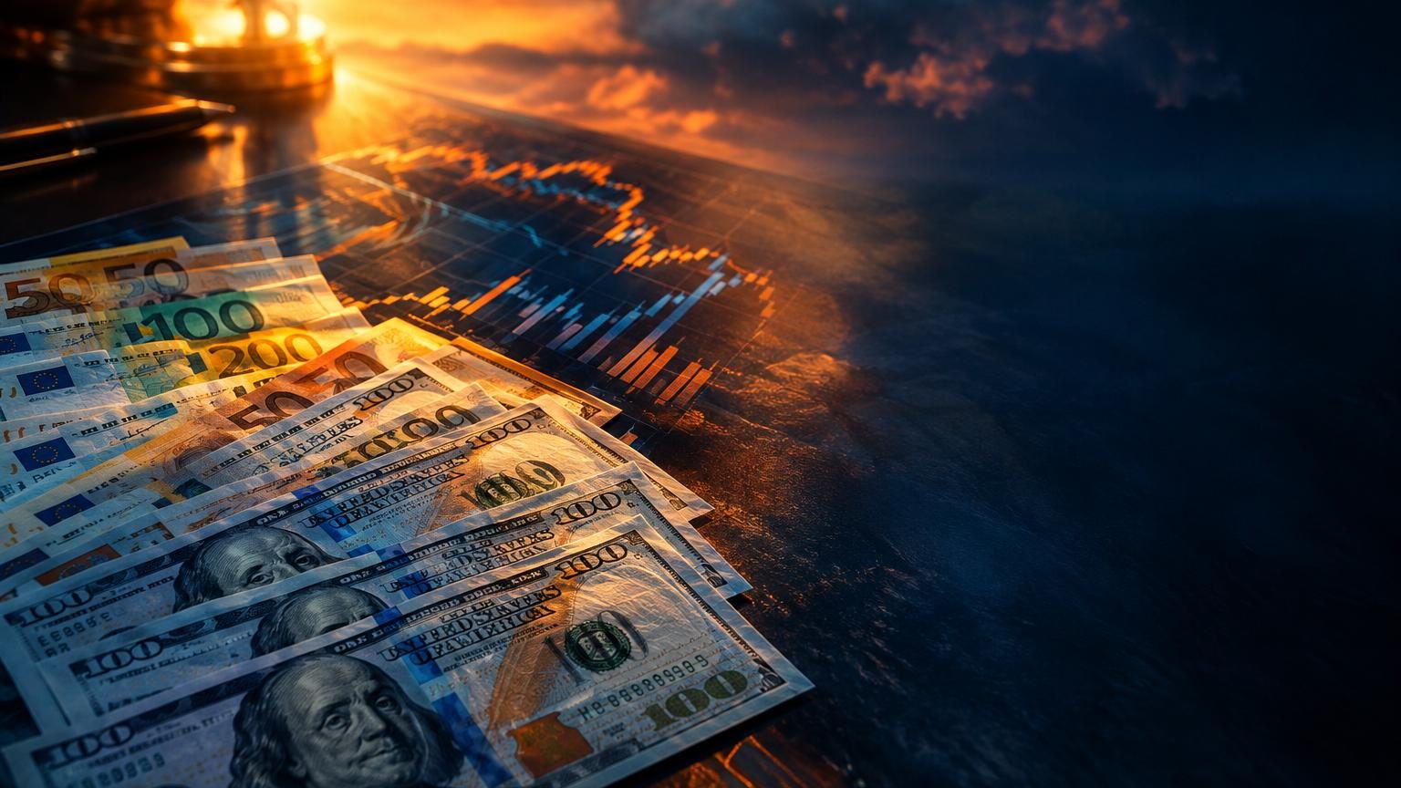Pair forex EUR/USD: uang kertas euro dan dolar AS tersebar di meja dengan grafik harga