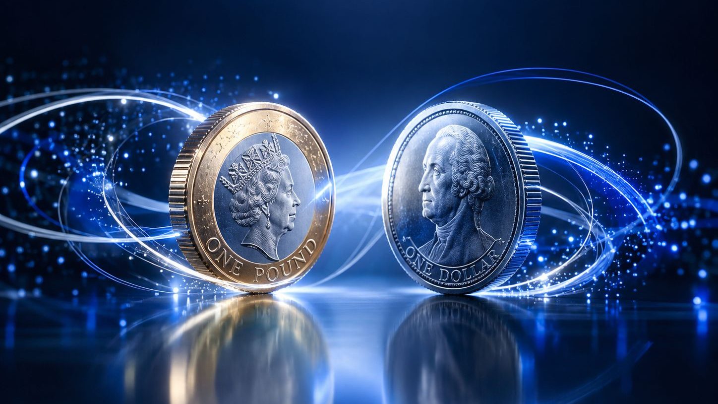 Koin pound Inggris dan koin dolar AS berhadapan di permukaan mengilap, pasangan GBP/USD