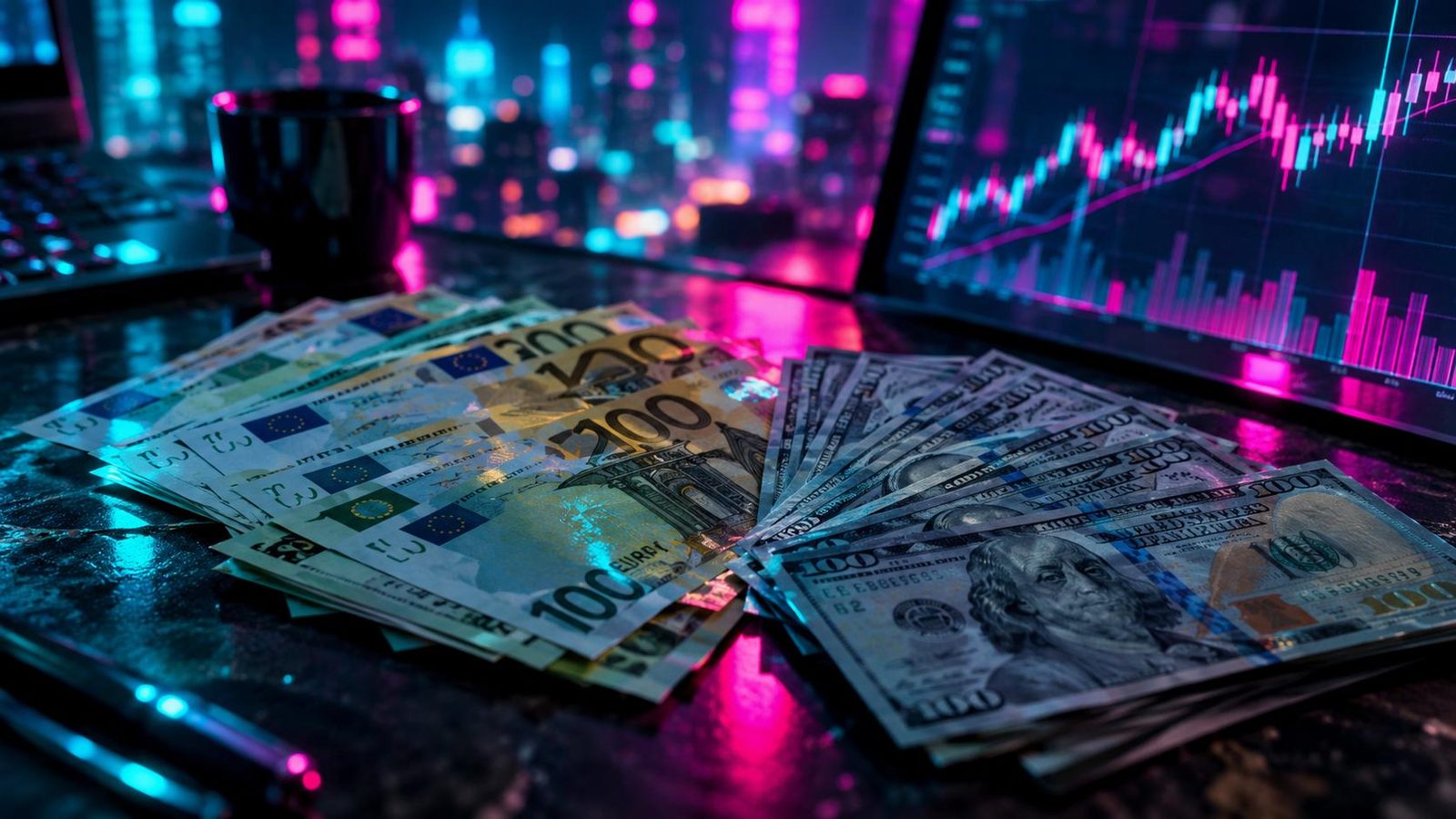 คู่เงิน EUR/USD: ธนบัตรยูโรและดอลลาร์สหรัฐเรียงเป็นรูปพัดบนโต๊ะพร้อมกราฟราคา ภาพดิจิทัลอาร์ตล้ำยุค