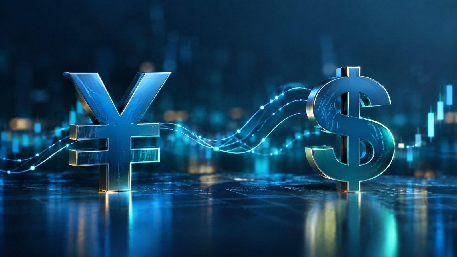 สัญลักษณ์เงินเยนและดอลลาร์เชื่อมกันด้วยเส้นราคาเรืองแสง สื่อถึง USD/JPY ภาพถ่าย