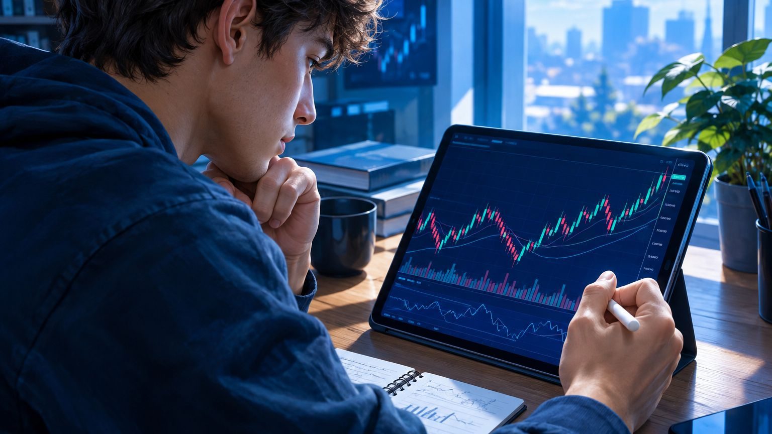 حساب تجريبي للتعلم: طالب يتدرب على التداول عبر جهاز لوحي، لوحة رقمية