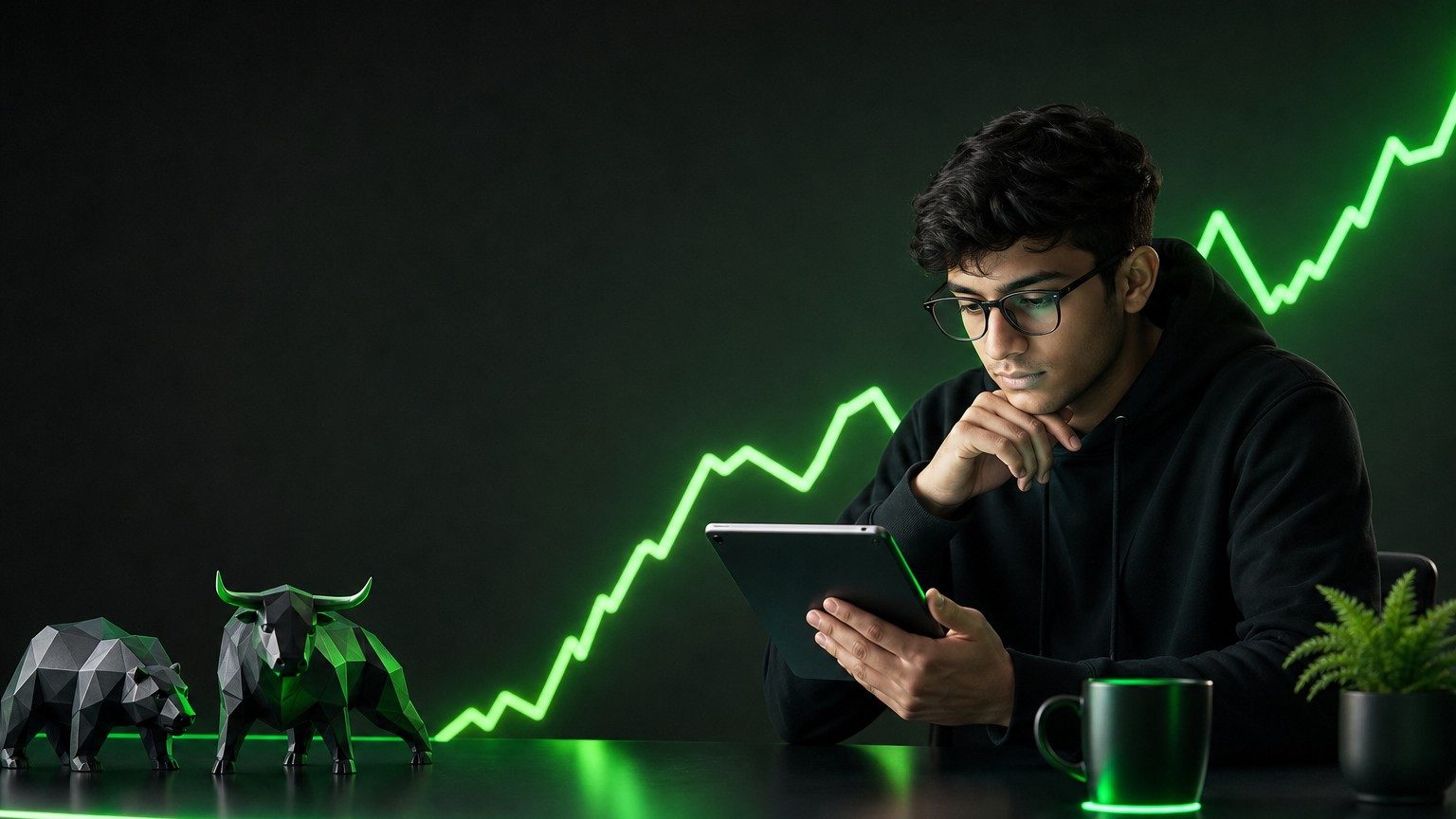 طالب يتعلم أساسيات التداول على جهاز لوحي قبل الانتقال إلى حساب حقيقي، تصميم ثلاثي الأبعاد