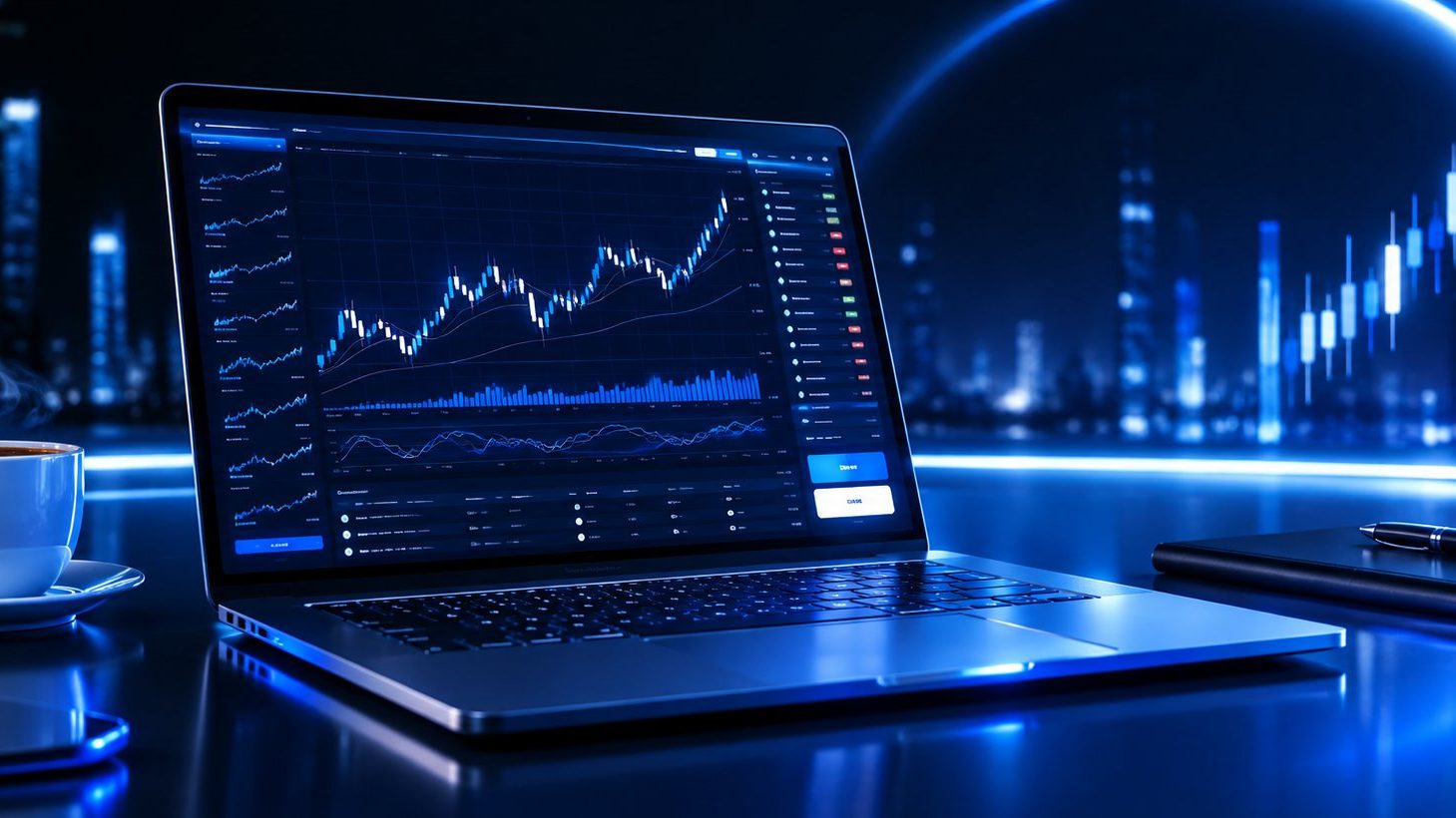 Demo trading account practice mode screen on a laptop beside a coffee cup