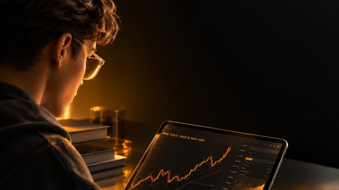 Student learning to trade on a tablet in a glassy 3D render