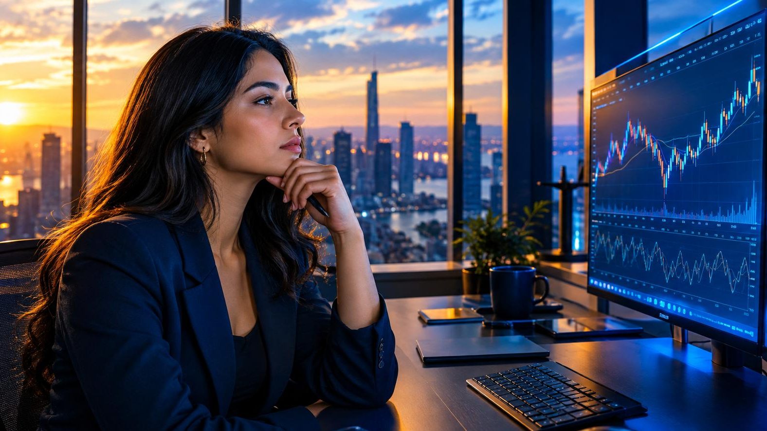 Analyst thinking deeply in front of a price chart while practising, lifestyle photo