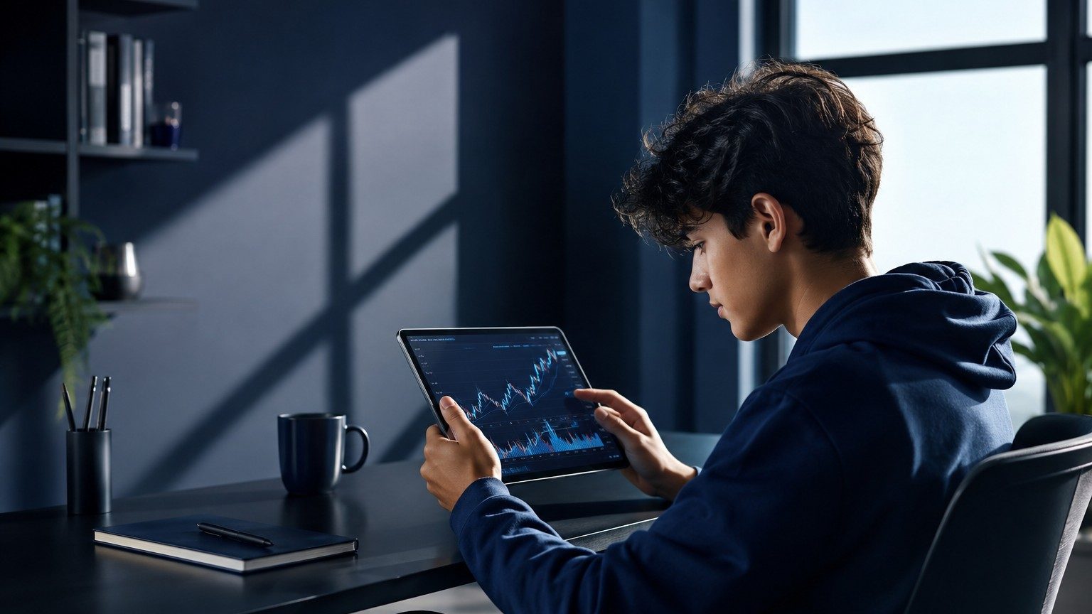 Akun demo trading untuk belajar: seorang pelajar berlatih trading di tablet, render bergaya produk