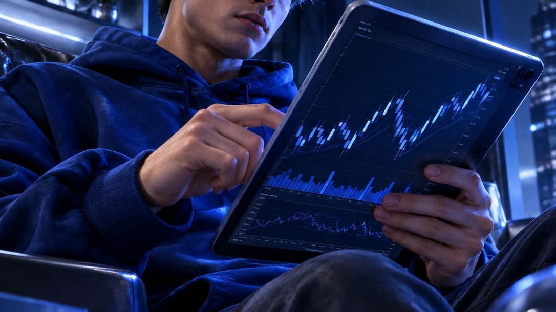 Render 3D kaca seorang pelajar menyusun rencana latihan trading di tablet