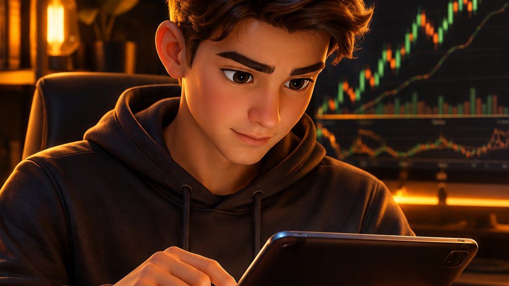 นักเรียนฝึกเทรดผ่านแท็บเล็ตก่อนใช้เงินจริง ภาพเรนเดอร์ 3D สไตล์ดินปั้น