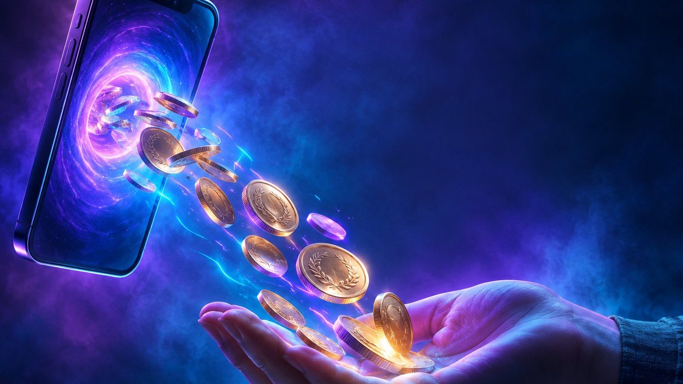 عملات معدنية تتدفق من هاتف ذكي إلى يد ترمز إلى سحب الأموال، لوحة رقمية