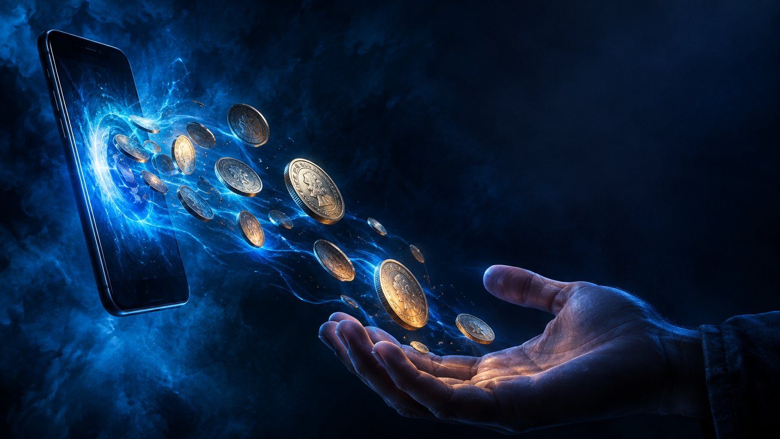 Coins flowing out of a phone into a hand, illustrating a withdrawal, digital painting