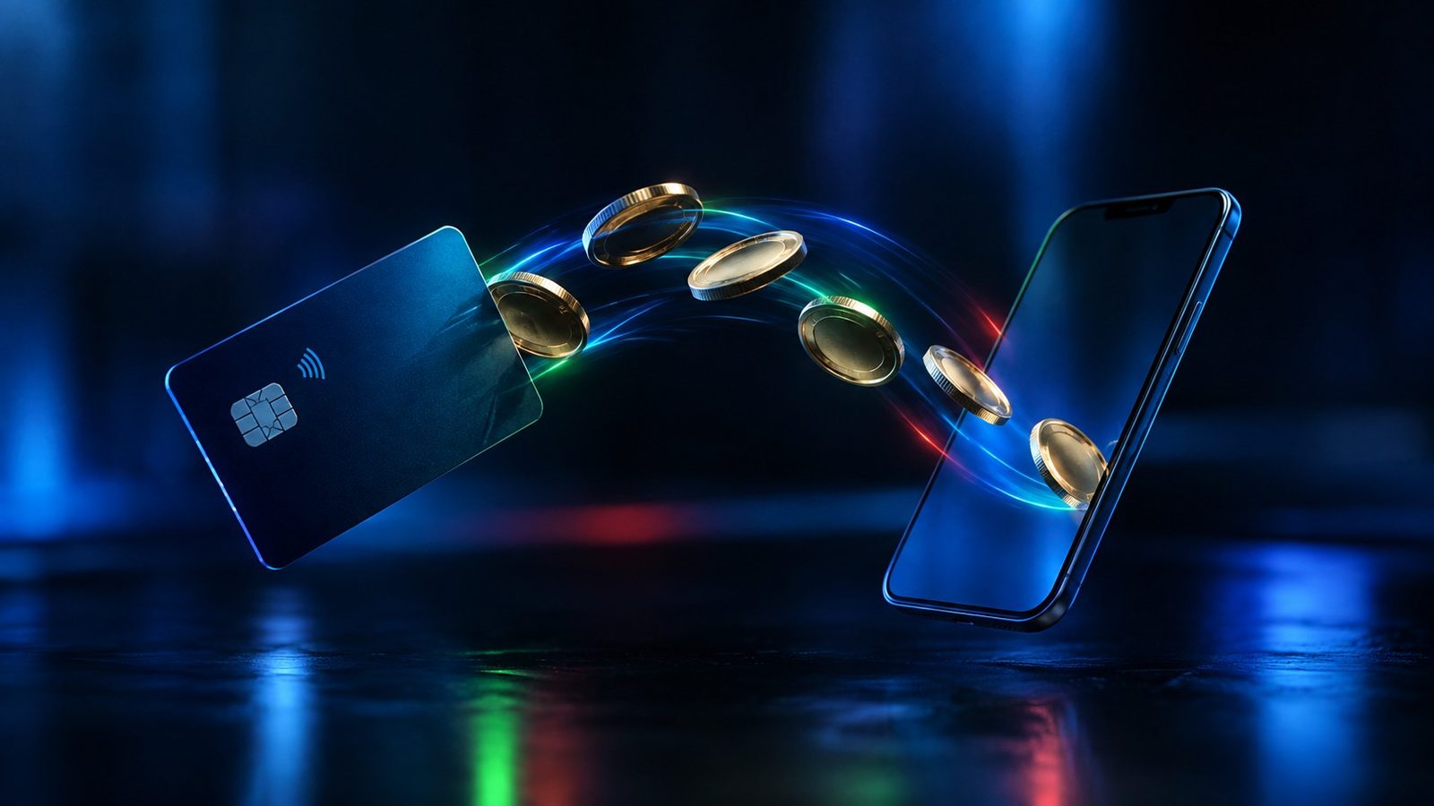 Coins moving between a bank card and a phone, representing account funding