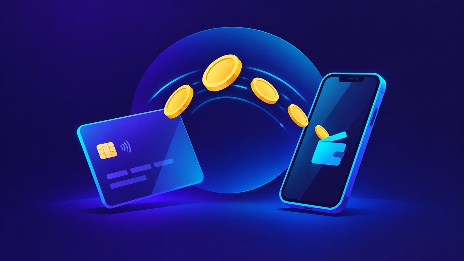 Deposit forex lewat ponsel: koin mengalir antara kartu bank dan ponsel, ilustrasi vektor datar