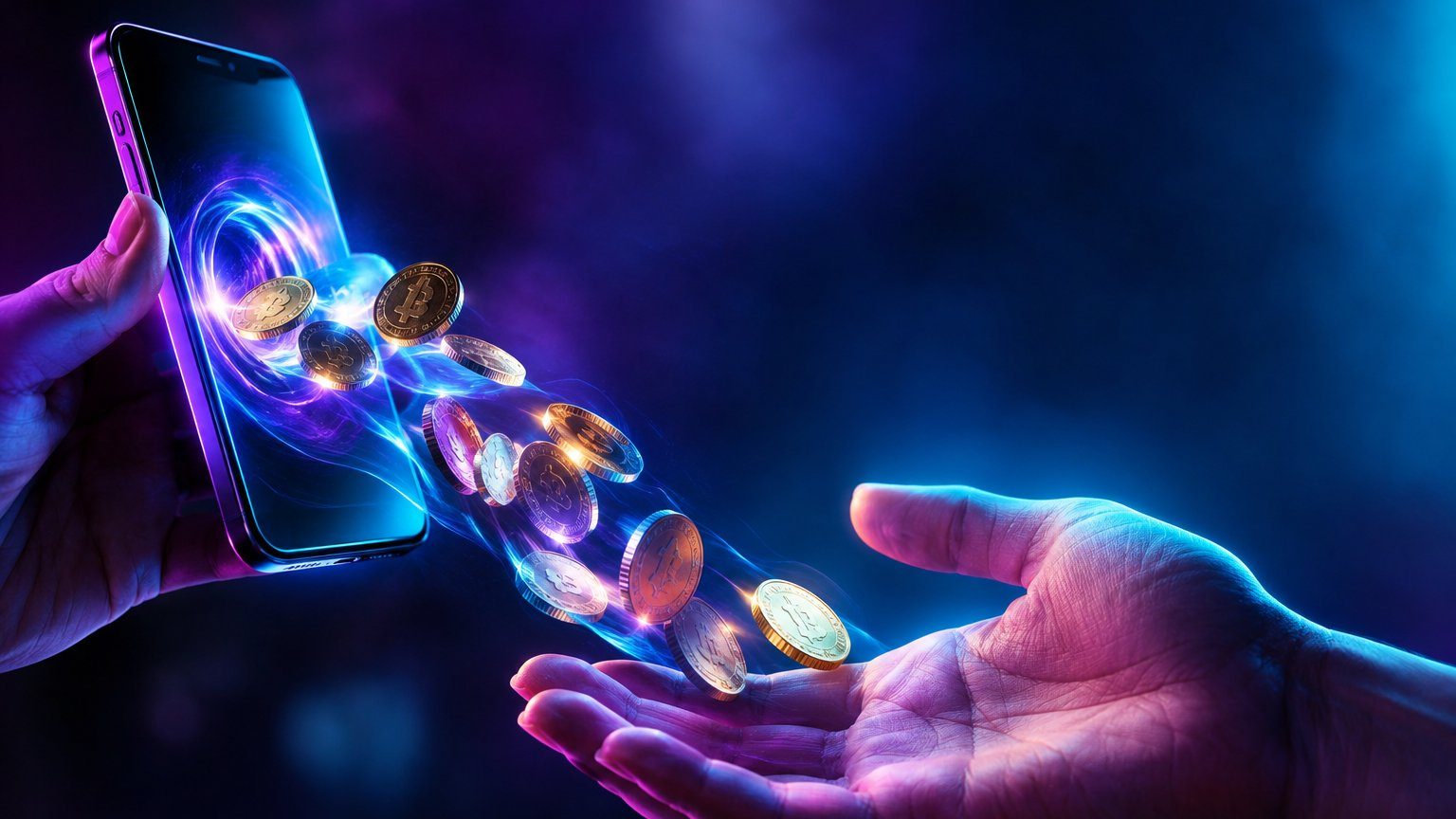 出入金概念：硬幣從手機流出落到手中的寫實出金示意影像