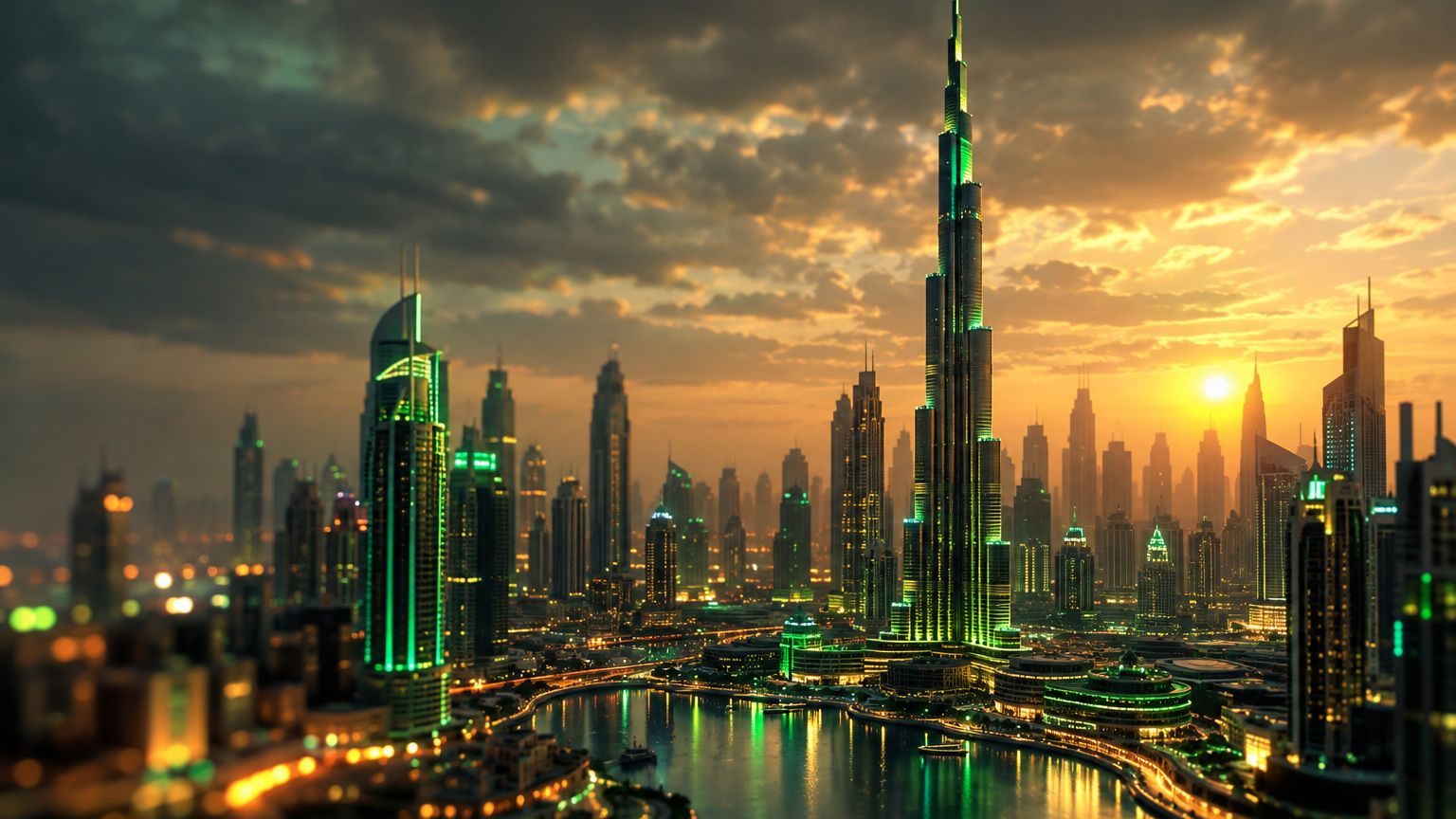 أفق مدينة دبي بأبراجها الشاهقة، لوحة رقمية