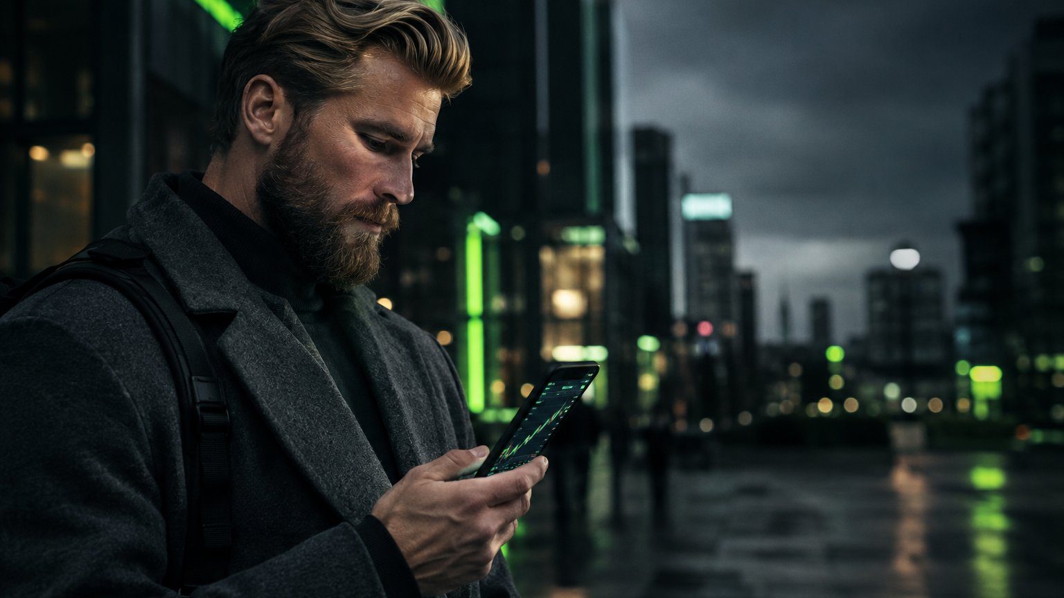 QTFX Markets download: a man checking a trading app on his smartphone in a city street