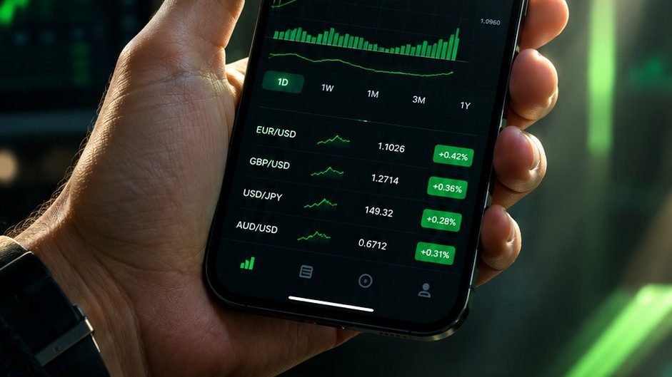 Hand holding a smartphone with a clean forex trading interface, cinematic render