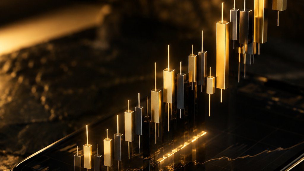 Candlestick chart rising out of a phone screen in 3D, showing mobile charting