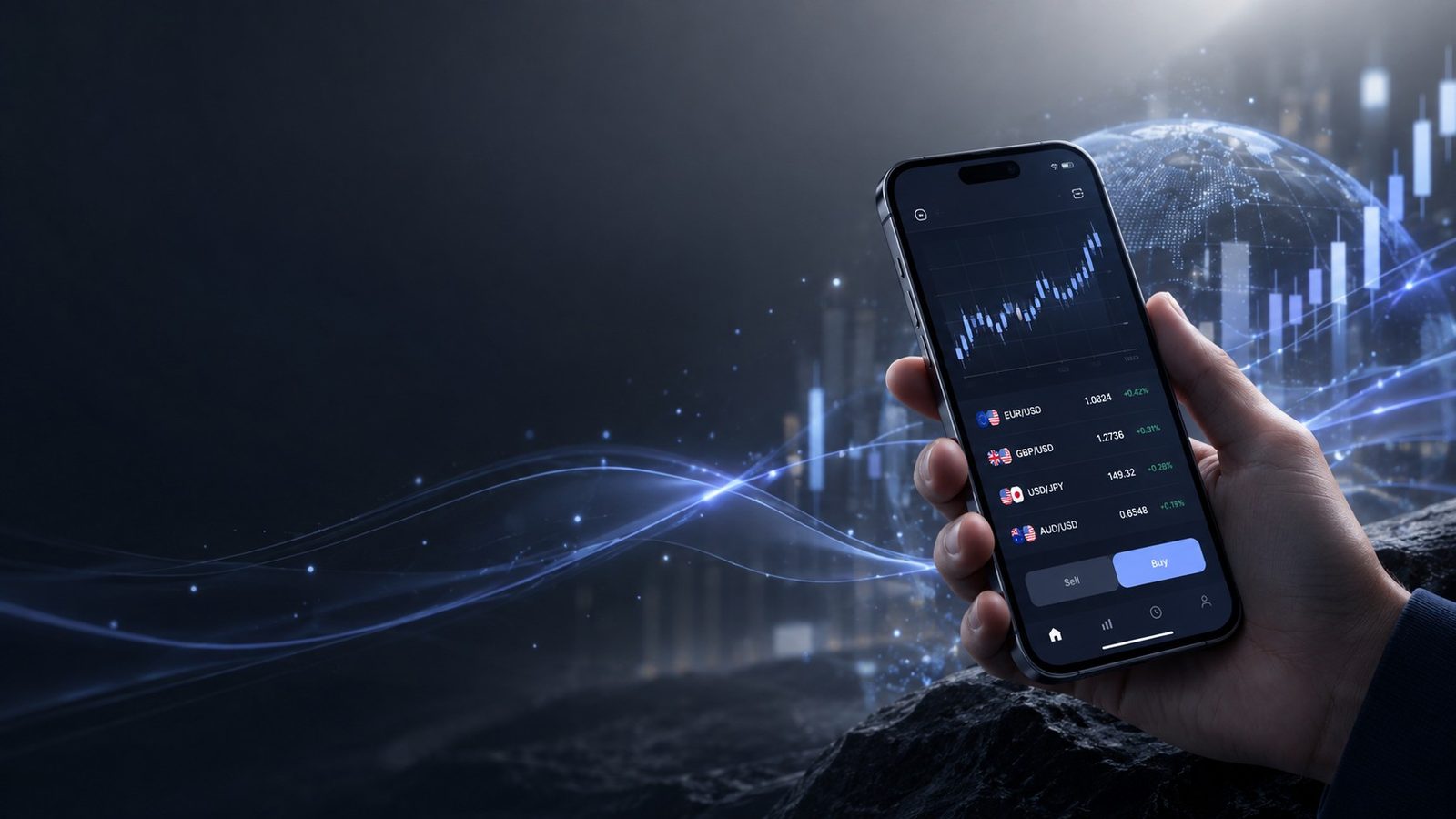 Download aplikasi trading: ponsel di tangan menampilkan antarmuka trading forex yang bersih