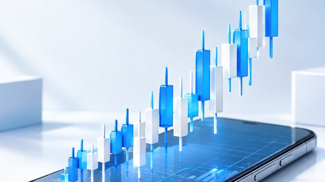 Foto editorial ponsel dengan grafik candlestick 3D yang muncul dari layarnya