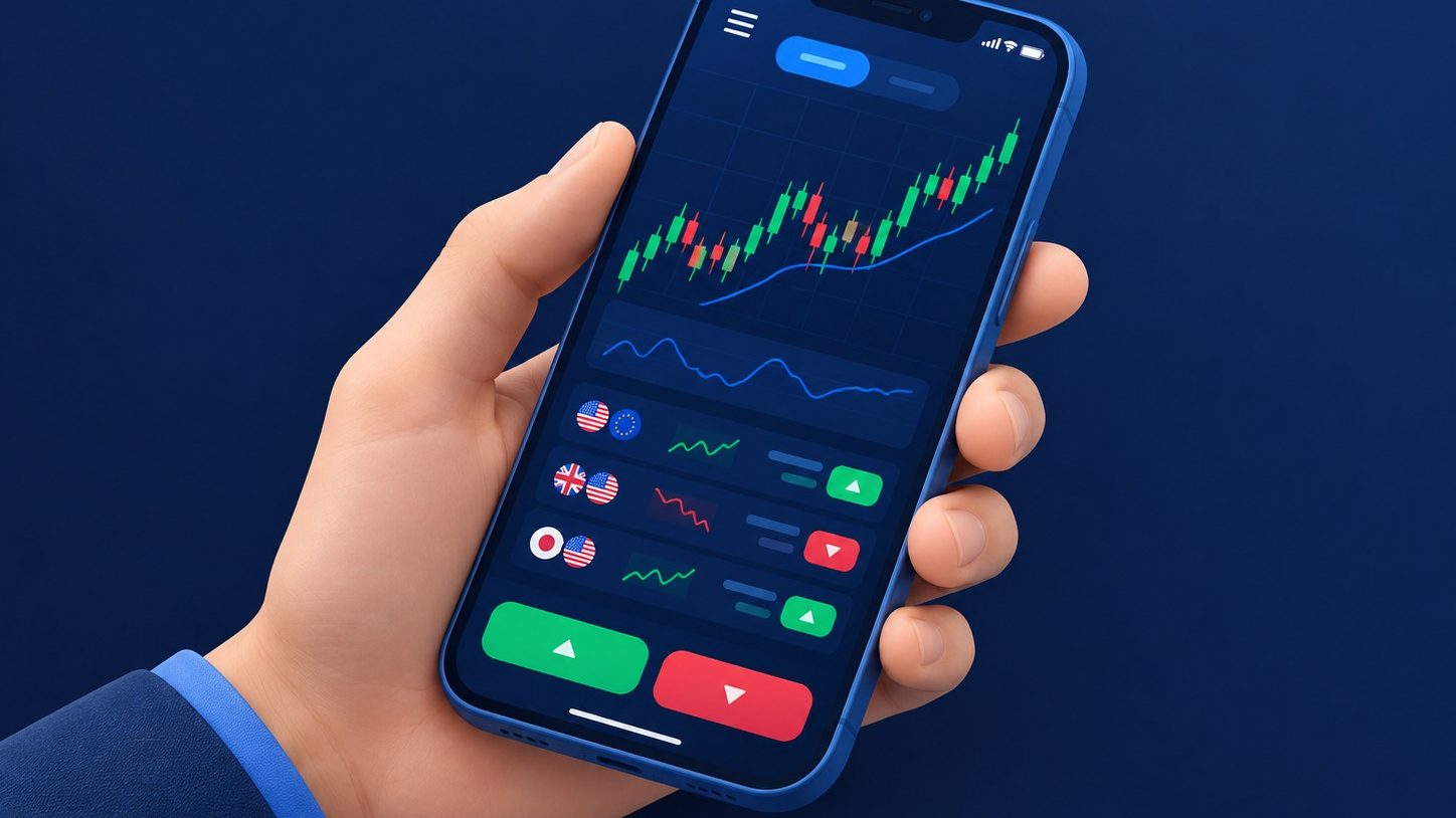 มือถือสมาร์ทโฟนที่แสดงหน้าจอเทรด forex แบบเรียบง่าย ภาพประกอบไอโซเมตริก