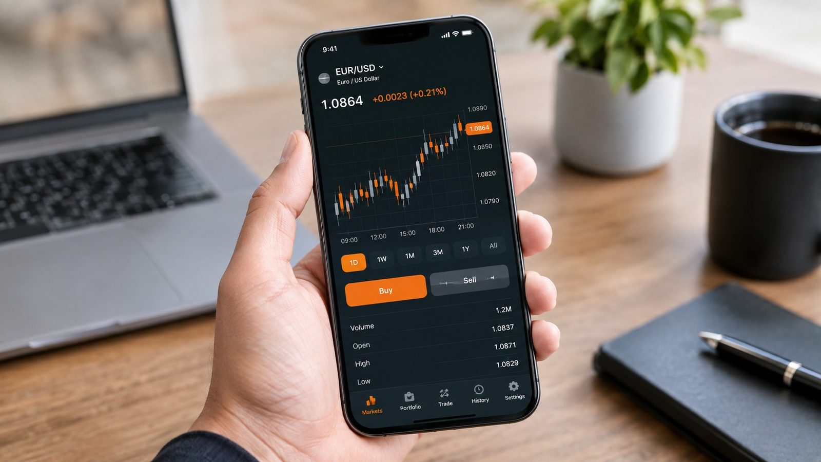 QTFX Markets 下載示意：手握智慧型手機，螢幕顯示簡潔外匯交易介面