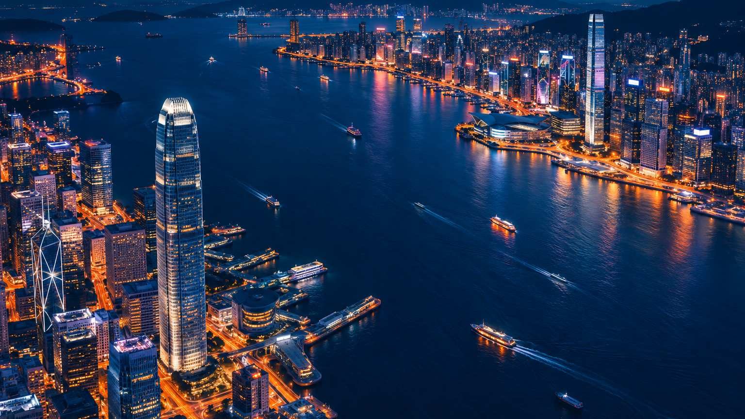 香港維多利亞港城市天際線的極簡插畫