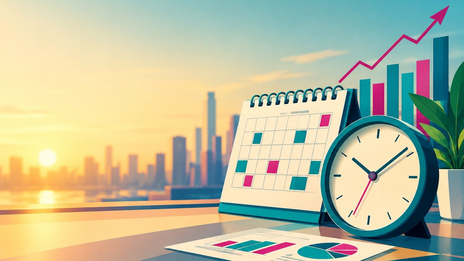 Economic calendar concept: a clock and market charts in a flat vector illustration