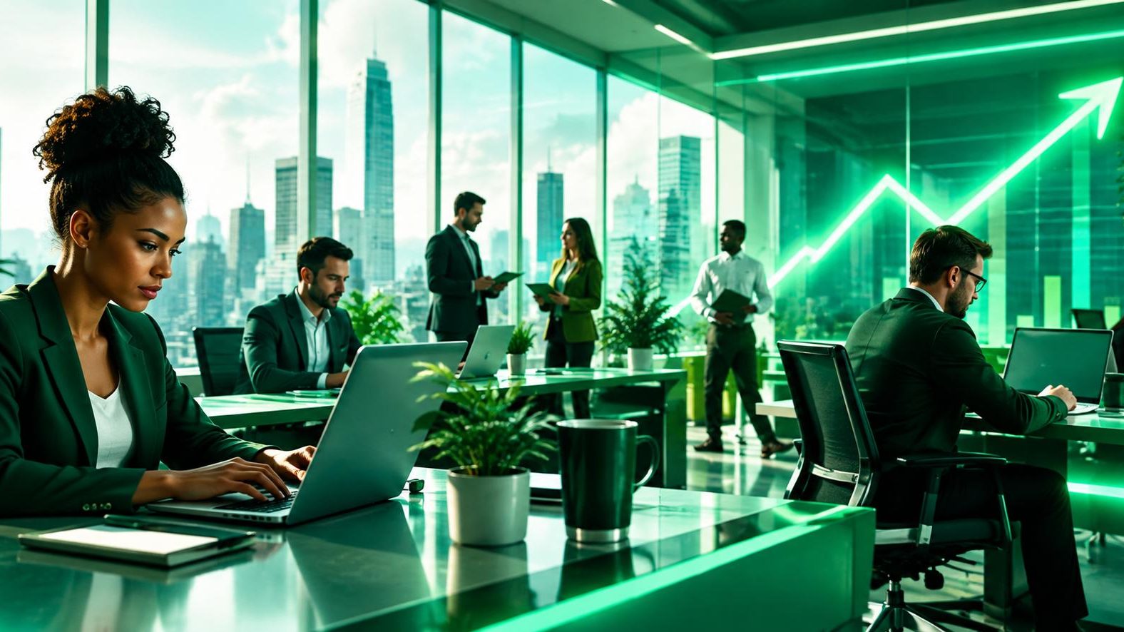 Office workers in an editorial photo illustrating an employment report release