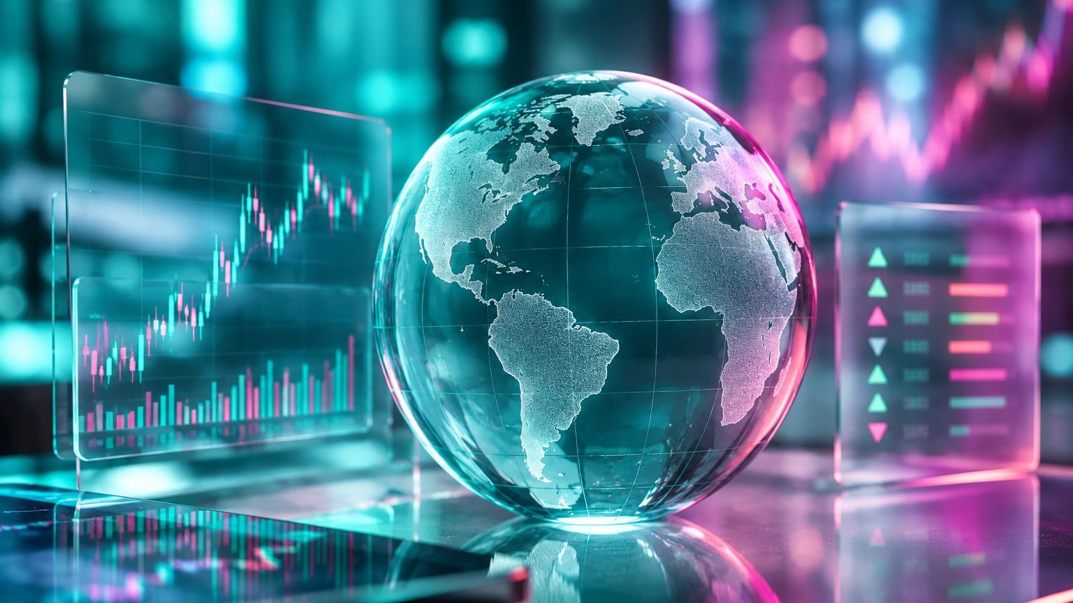 Glowing globe with breaking news and market data panels, glassy 3D render