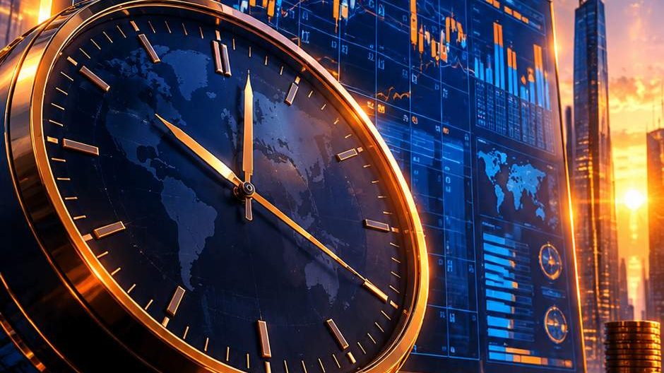 Seni digital futuristik jam dan grafik sebagai konsep jadwal rilis data ekonomi