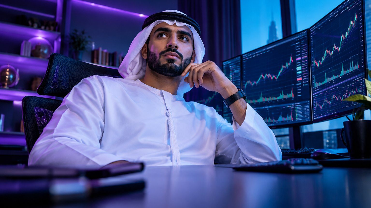 رائد أعمال يعمل من مكتب منزلي حديث أمام شاشات تداول، صورة عفوية