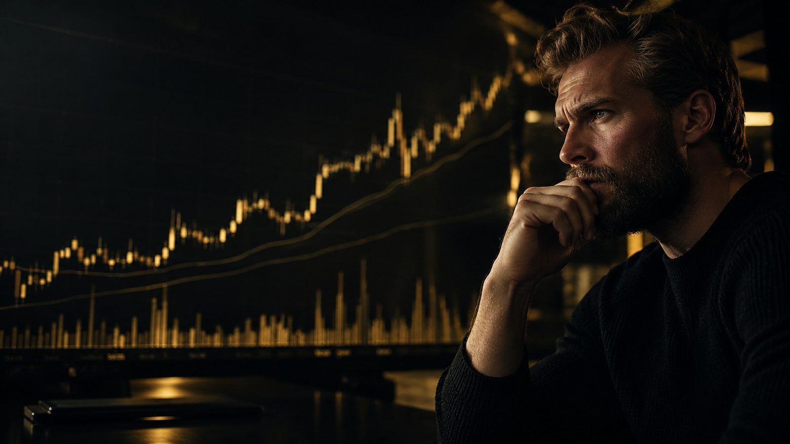 Bearded man thinking deeply in front of a price chart, cinematic still