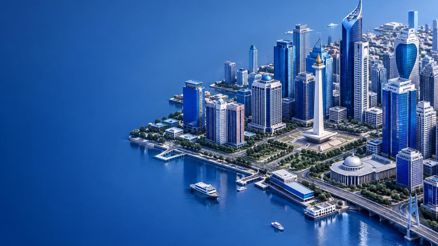 Ilustrasi 3D isometrik cakrawala kota Jakarta dengan deretan gedung tinggi
