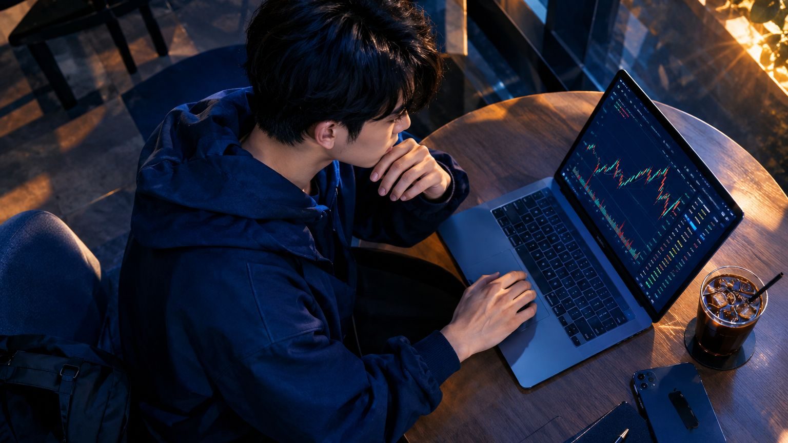大學生坐在咖啡館用筆電看盤交易的編輯攝影