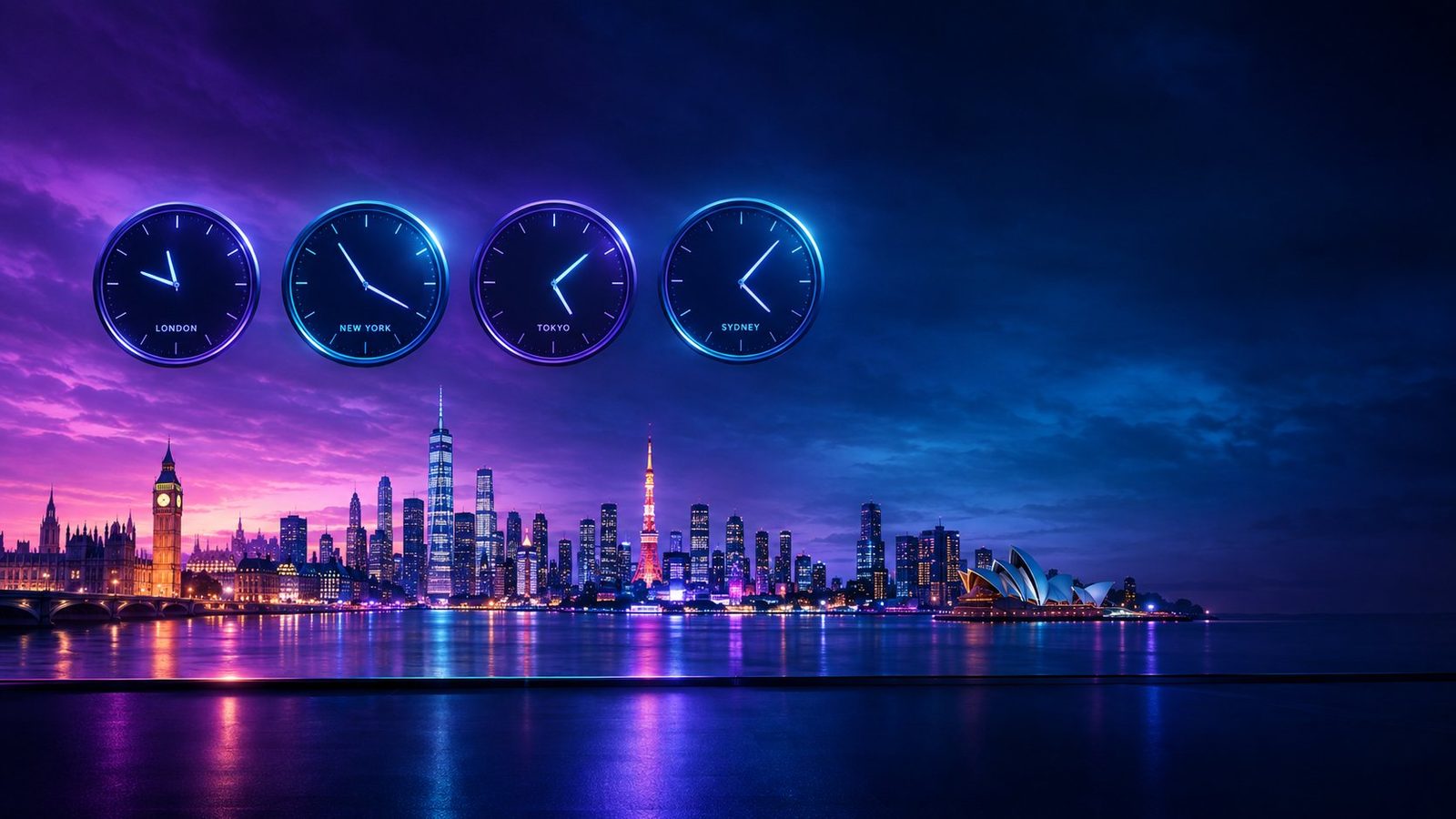 Forex market hours: four clocks showing London, New York, Tokyo and Sydney sessions above a skyline